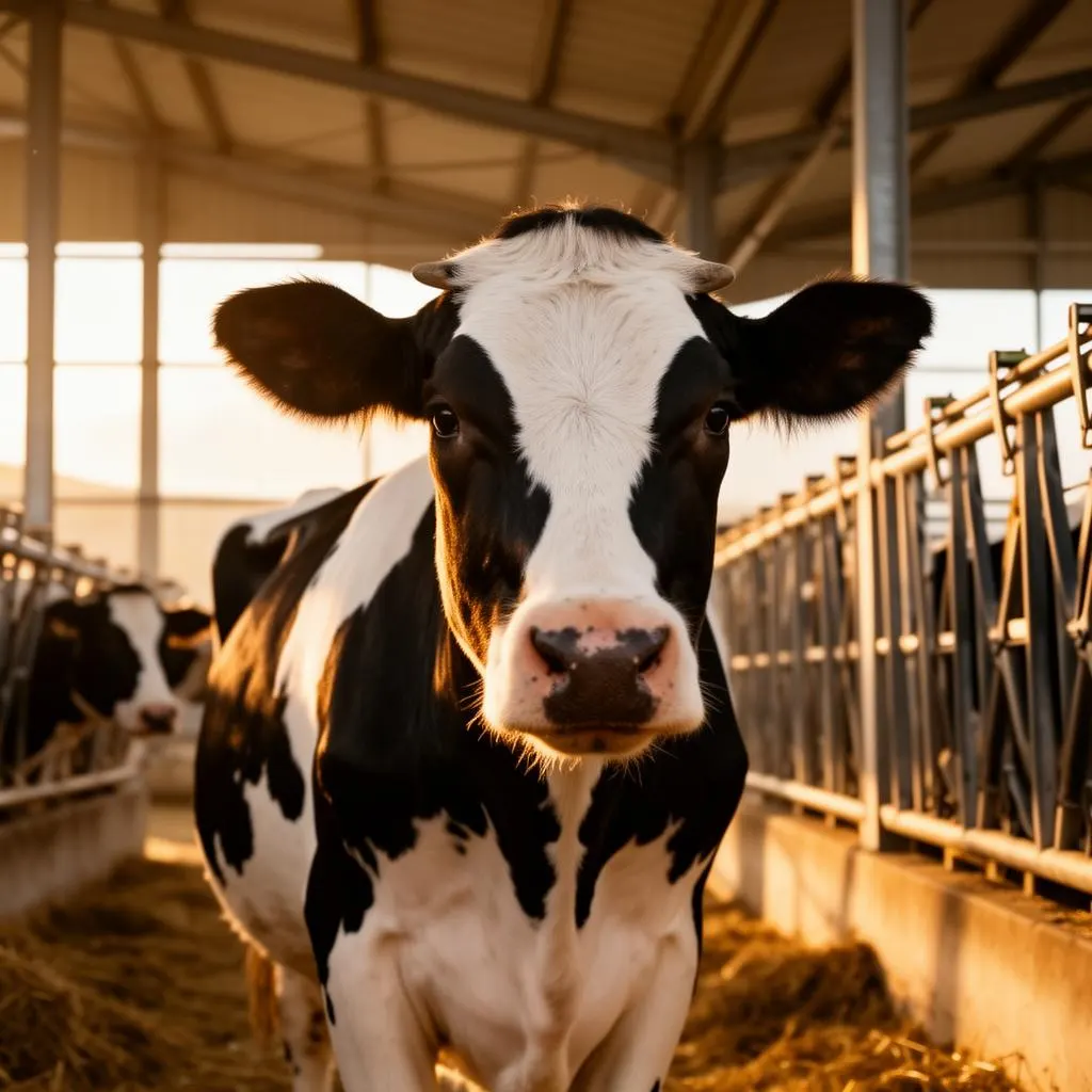 Holstein dairy cow in modern barn